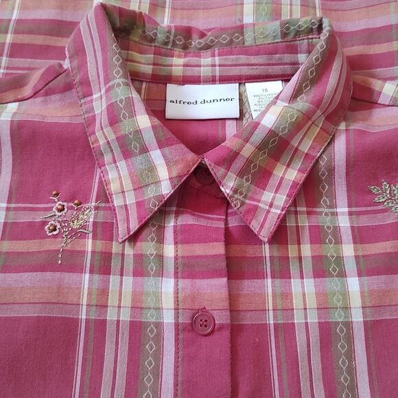 Alfred Dunner Pink Plaid Floral Embroidered Beaded Button Down Long Sleeve 16 - Picture 1 of 9